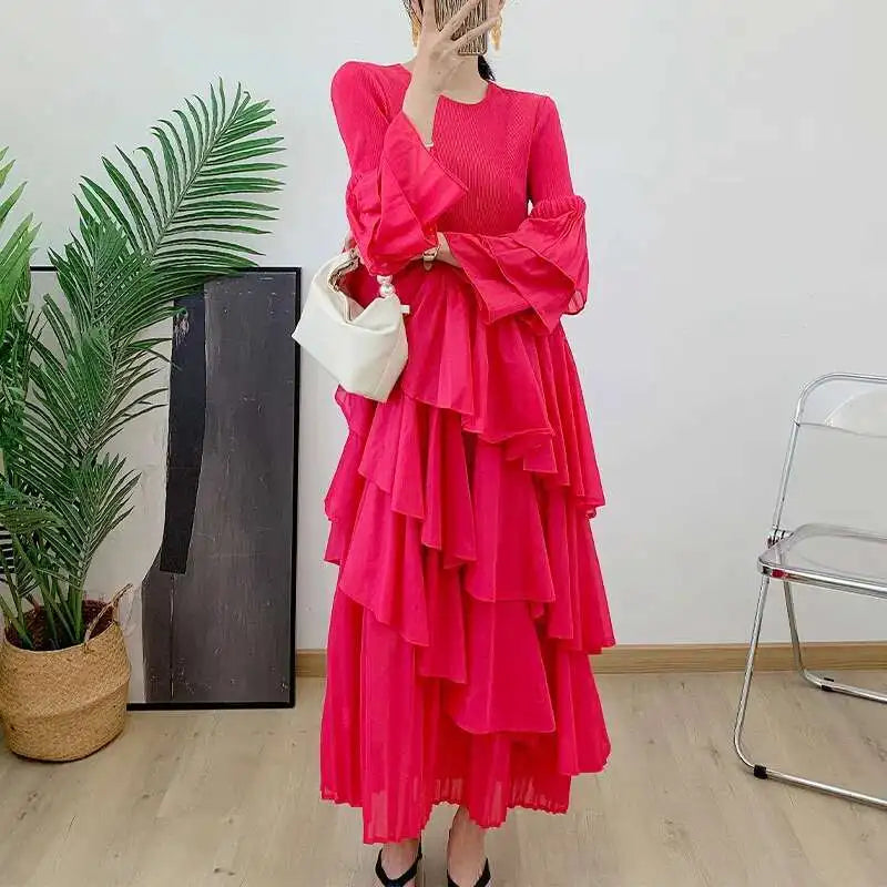 GVUW Women's Pleated Dress, Full Flare Sleeve A-Line Spliced Ruffles Round Neck Evening Party Elegant Women's Clothing 17G4475