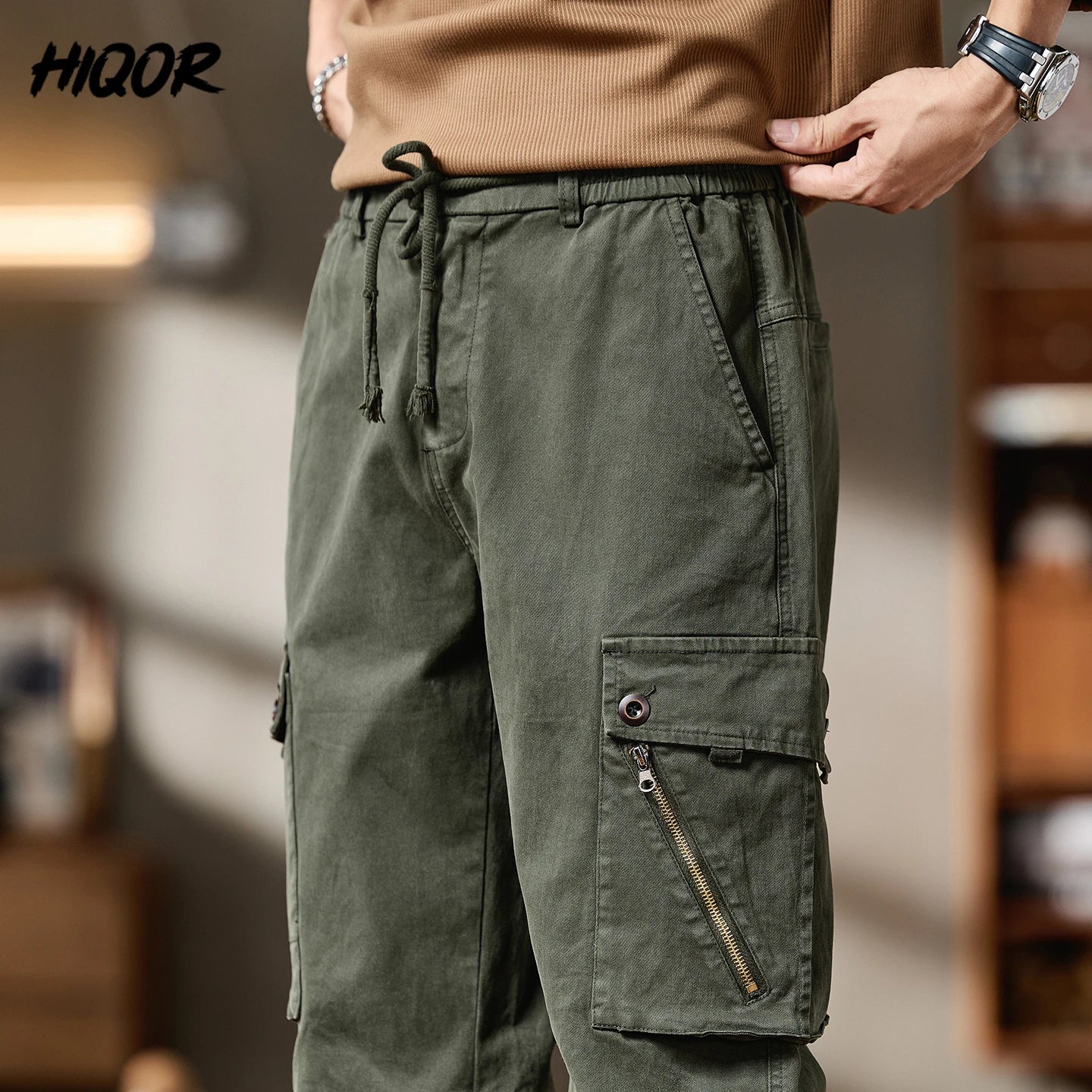Pantalones Cargo avanzados para hombre, pantalones informales de marca a la moda para motocicleta, pantalones rectos ajustados elásticos multibolsectos para Otoño e Invierno para hombre