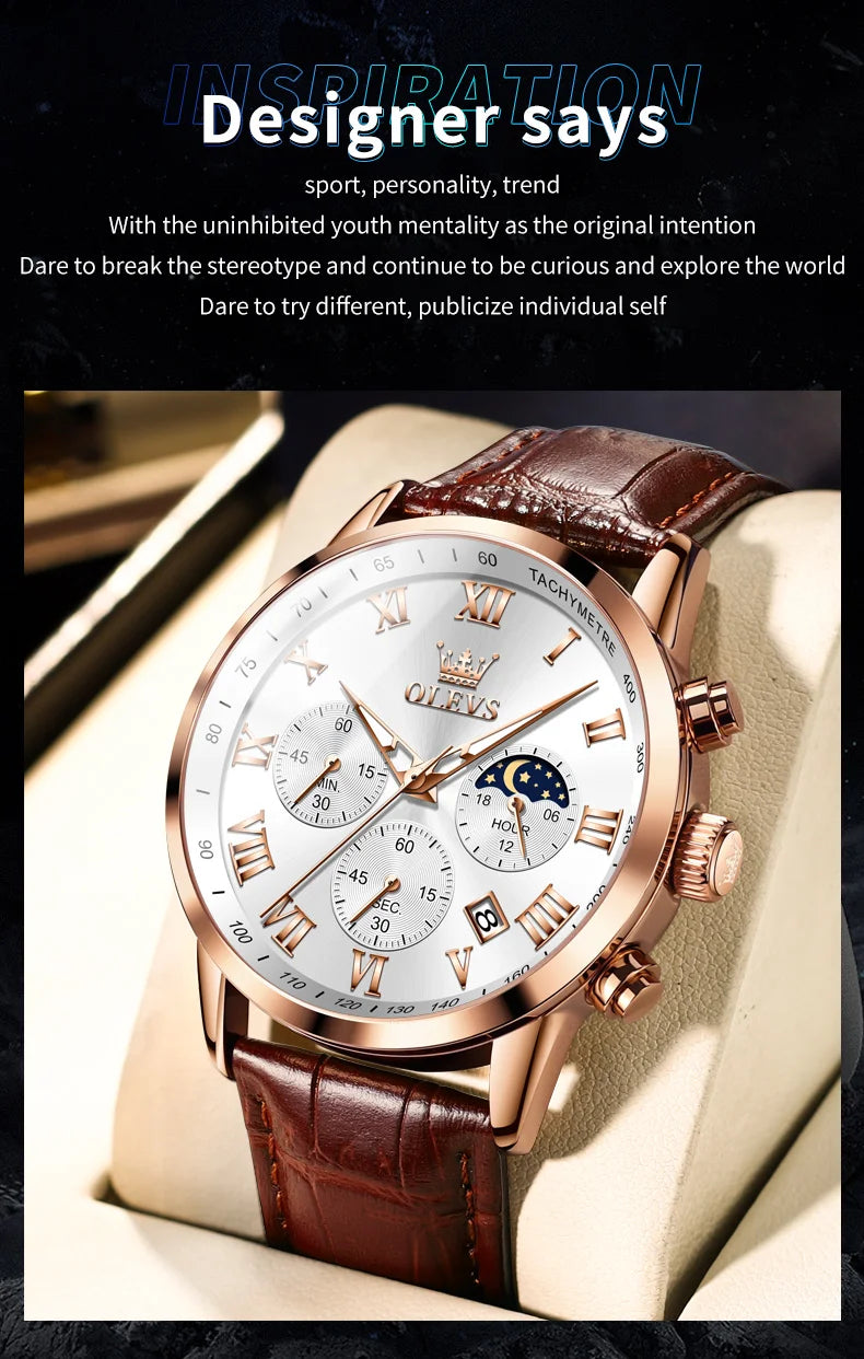 OLEVS-reloj de cuarzo deportivo para hombre, cronógrafo de lujo, resistente al agua, con correa de cuero, fase lunar, Masculino