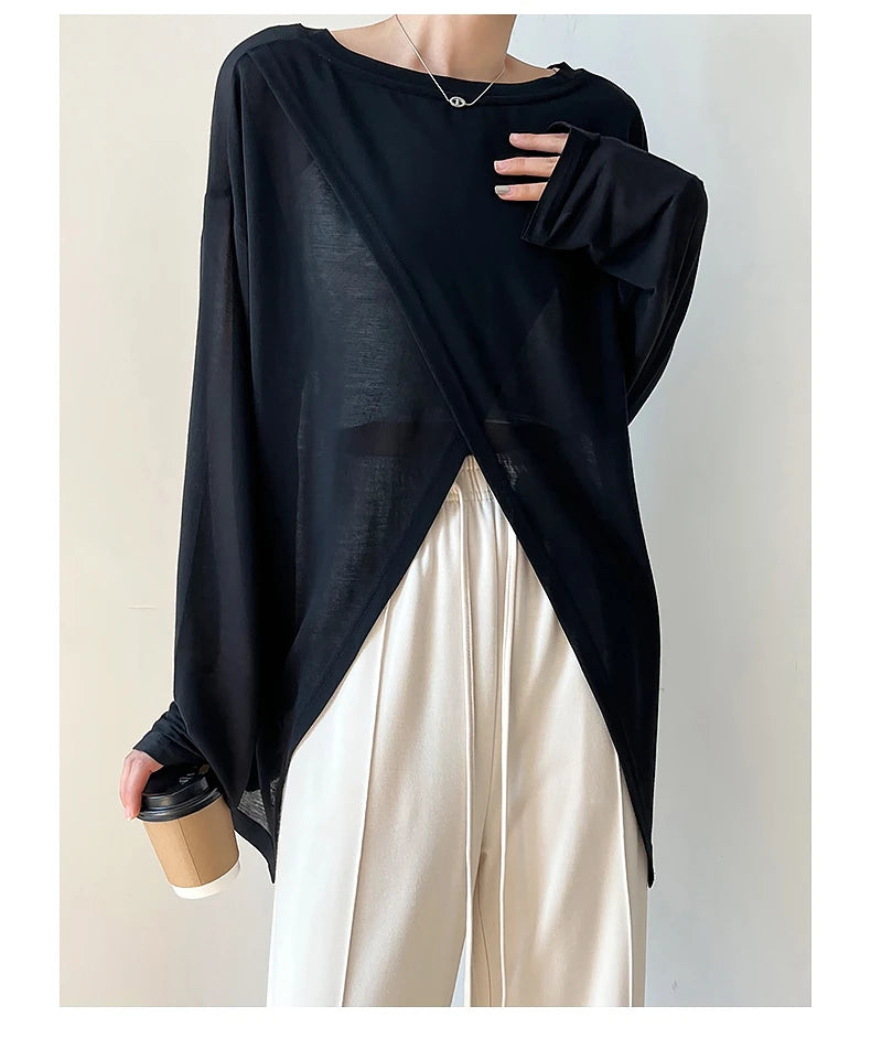 Verano elegante moda Harajuku Slim Fit ropa femenina suelta Casual todo fósforo camisetas sólido cuello redondo estilo fino camisetas de manga larga