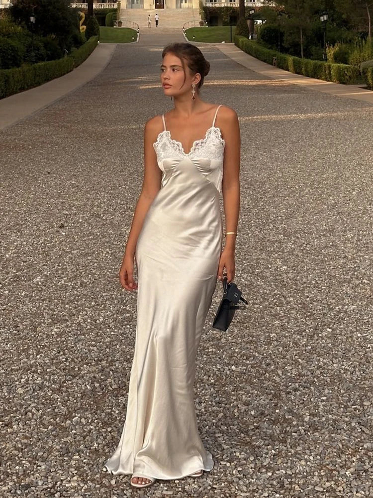 Women's Elegant Lace Patchwork Long Dress, Sexy V-Neck Sleeveless Backless Satin Maxi Dress, Slim Fit Gown, Evening Party Dresses for Women 2025