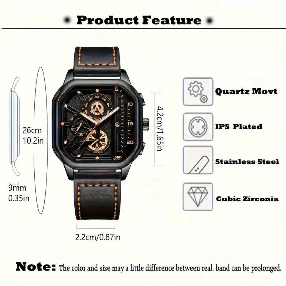 Reloj cuadrado de lujo con esfera grande para hombre, correa de cuero PU informal, relojes deportivos para hombre