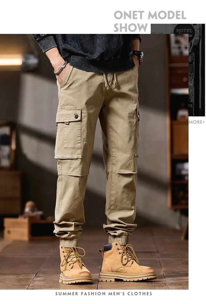 Pantalones Cargo avanzados para hombre, pantalones informales de marca a la moda para motocicleta, pantalones rectos ajustados elásticos multibolsectos para Otoño e Invierno para hombre