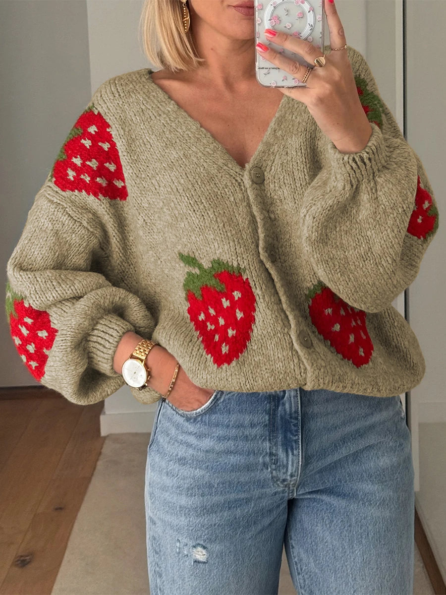 Maemukilabe-cárdigan de punto para mujer, chaqueta informal de manga larga con cierre de botón de fresa, suéter, abrigos de punto para mujer