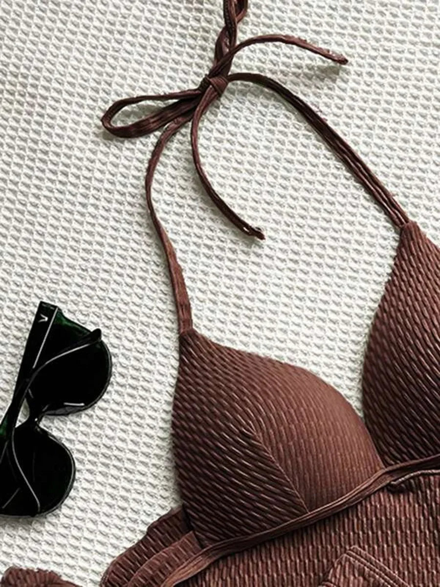 Con falda, Bikini arrugado con copa de sujetador, traje de baño femenino, traje de baño para mujer, conjunto de Bikini de tres piezas, traje de baño Push Up, ropa de playa para nadar