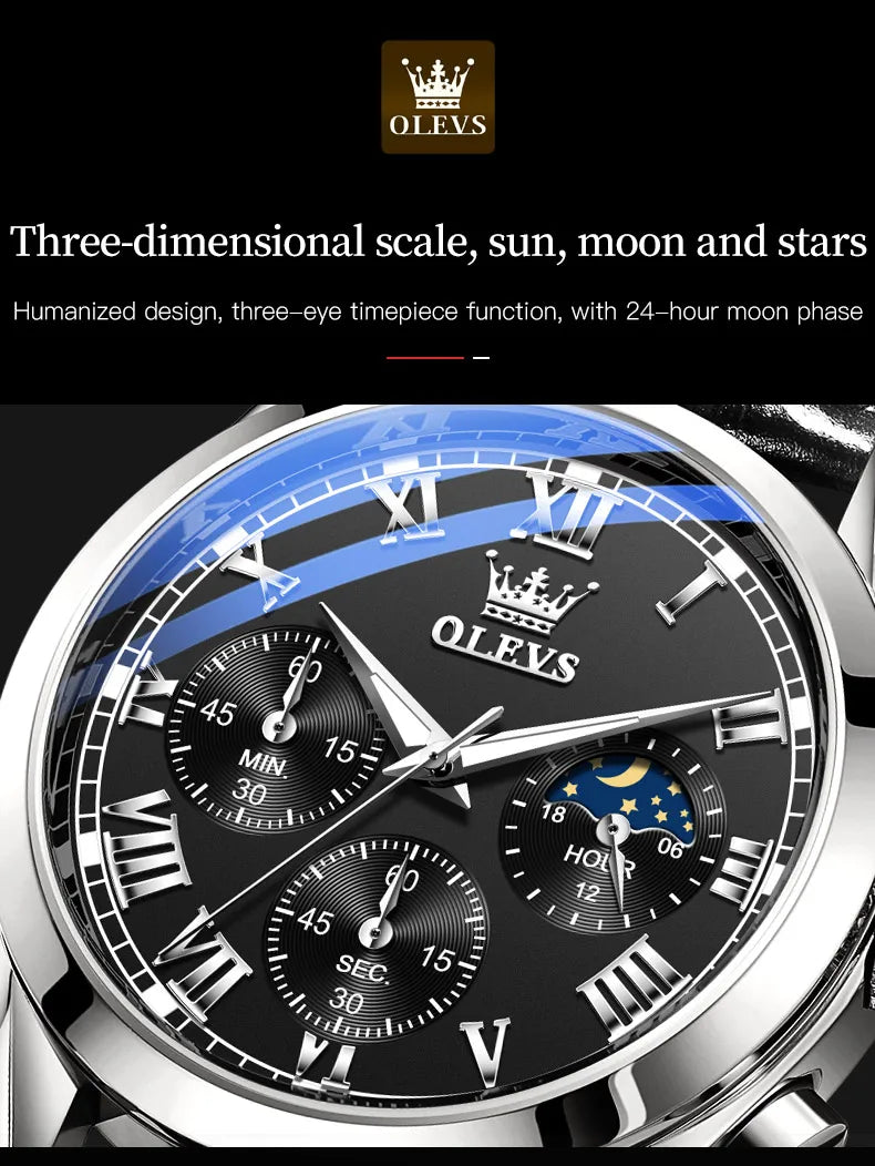 OLEVS 2871 reloj de cuarzo para hombre de la mejor marca, reloj de negocios noctilucente resistente al agua de lujo, correa de cuero, reloj de fase lunar, reloj Masculino