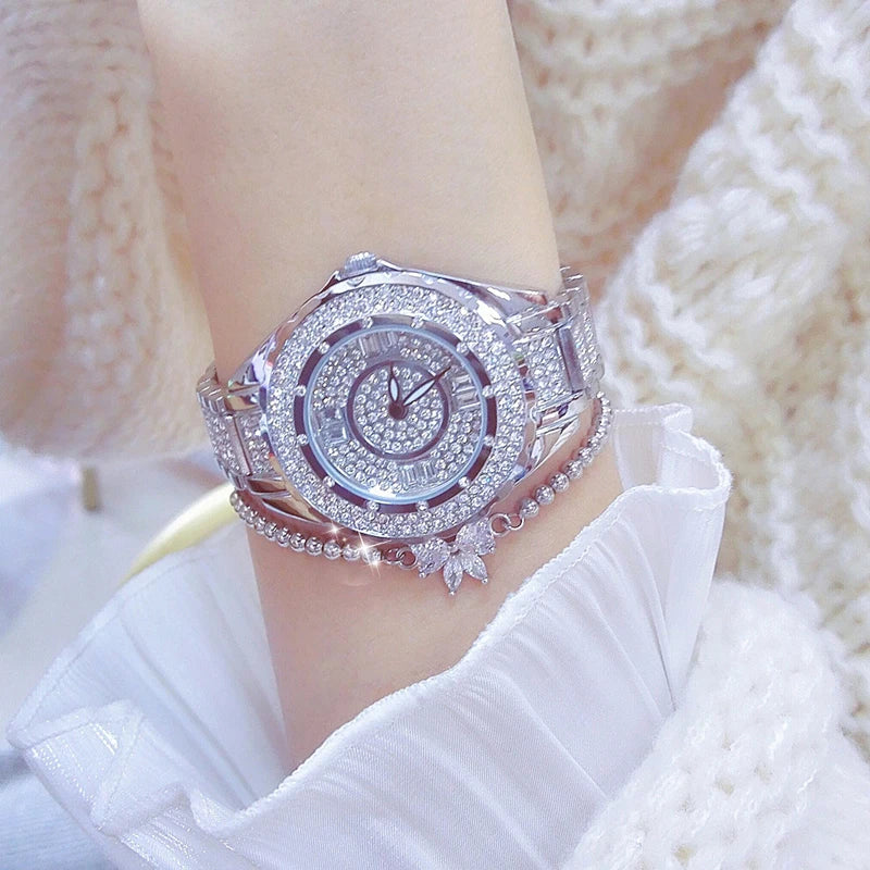 2025 relojes de diamantes de cristal para mujer, reloj elegante Original de oro para mujer con conjunto de pulsera, regalo de oro rosa para novia y esposa