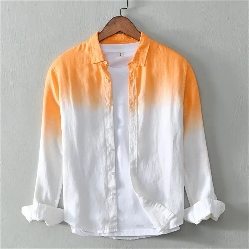 Men's Casual Spring Autumn Long-Sleeve Collared Shirt, Fashionable Light Color Changing 3D Print Linen Shirt, XS-6XL