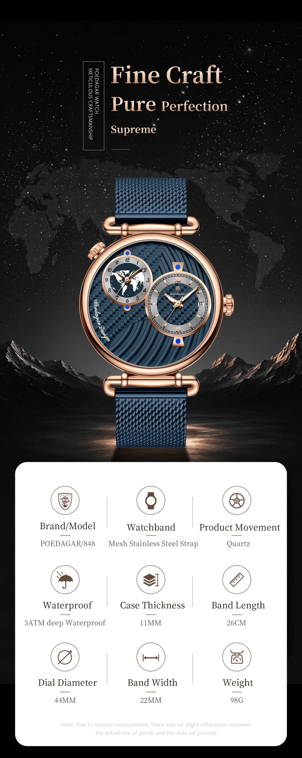 Reloj de hombre POEDAGAR de moda con doble zona horaria, resistente al agua, con fecha, deportivo, de malla de acero inoxidable, de cuarzo + caja.