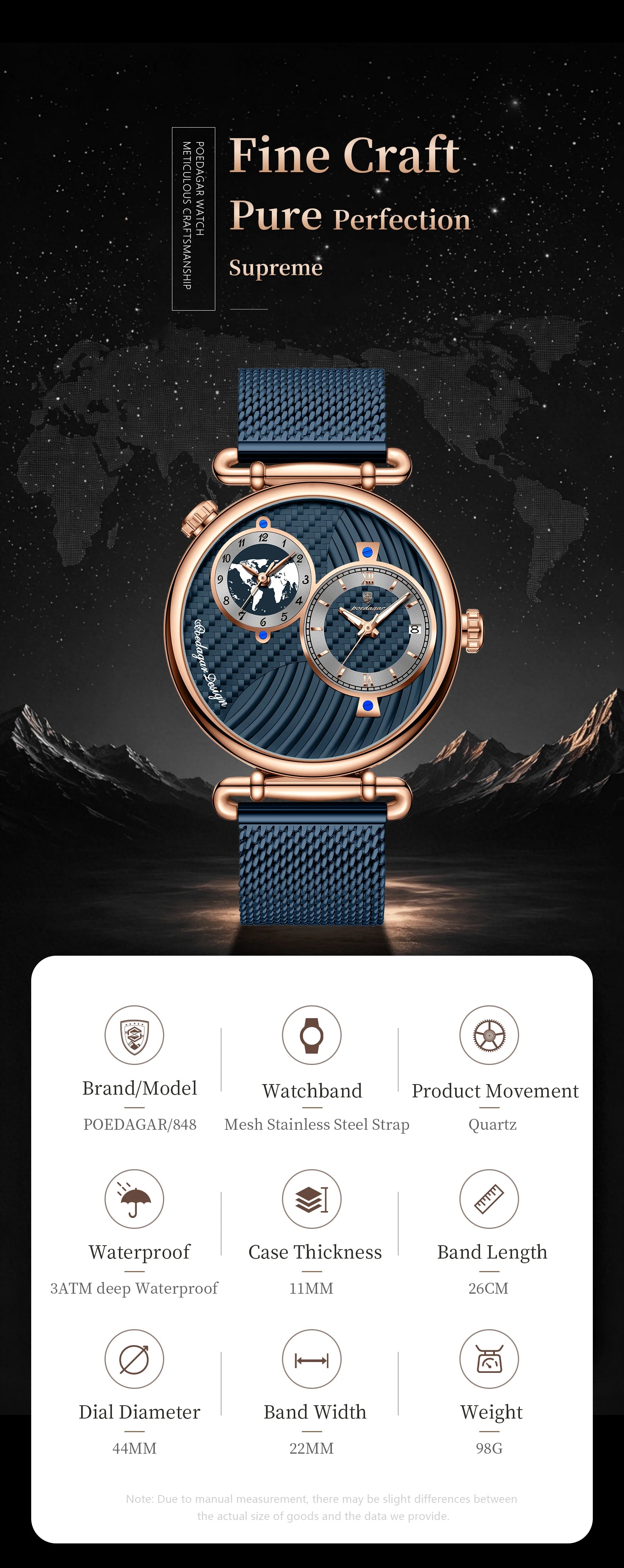 Reloj de hombre POEDAGAR de moda con doble zona horaria, resistente al agua, con fecha, deportivo, de malla de acero inoxidable, de cuarzo + caja.
