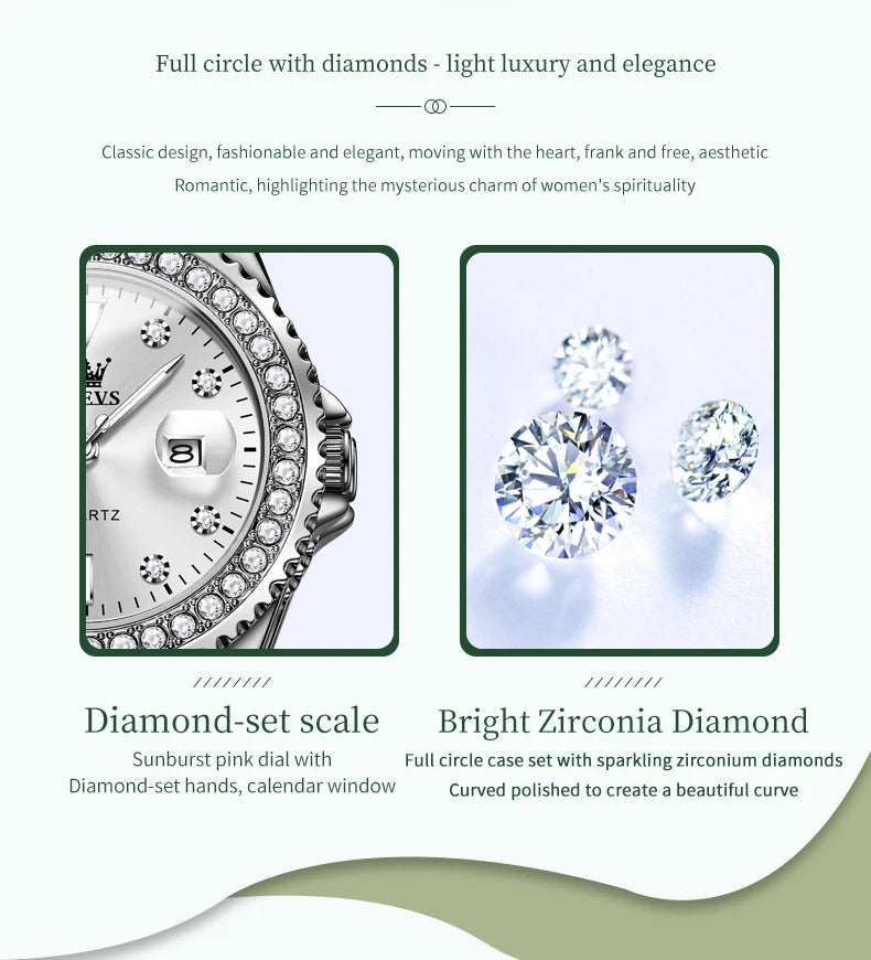Reloj de cuarzo OLEVS Original con esfera de diamantes para mujer, relojes de moda para mujer, reloj de pulsera luminoso resistente al agua de acero inoxidable para mujer