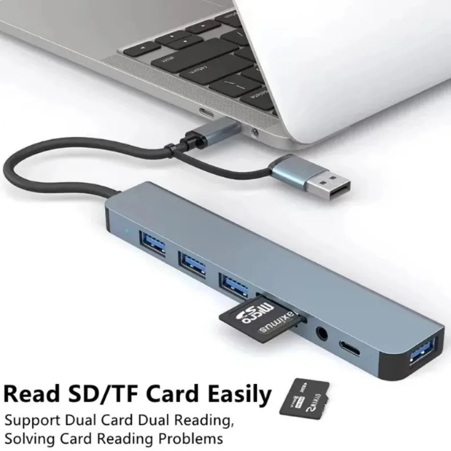 8-in-2 USB-C Hub – USB 3.0, SD/TF Card Reader & 3.5mm Audio for MacBook & Laptop