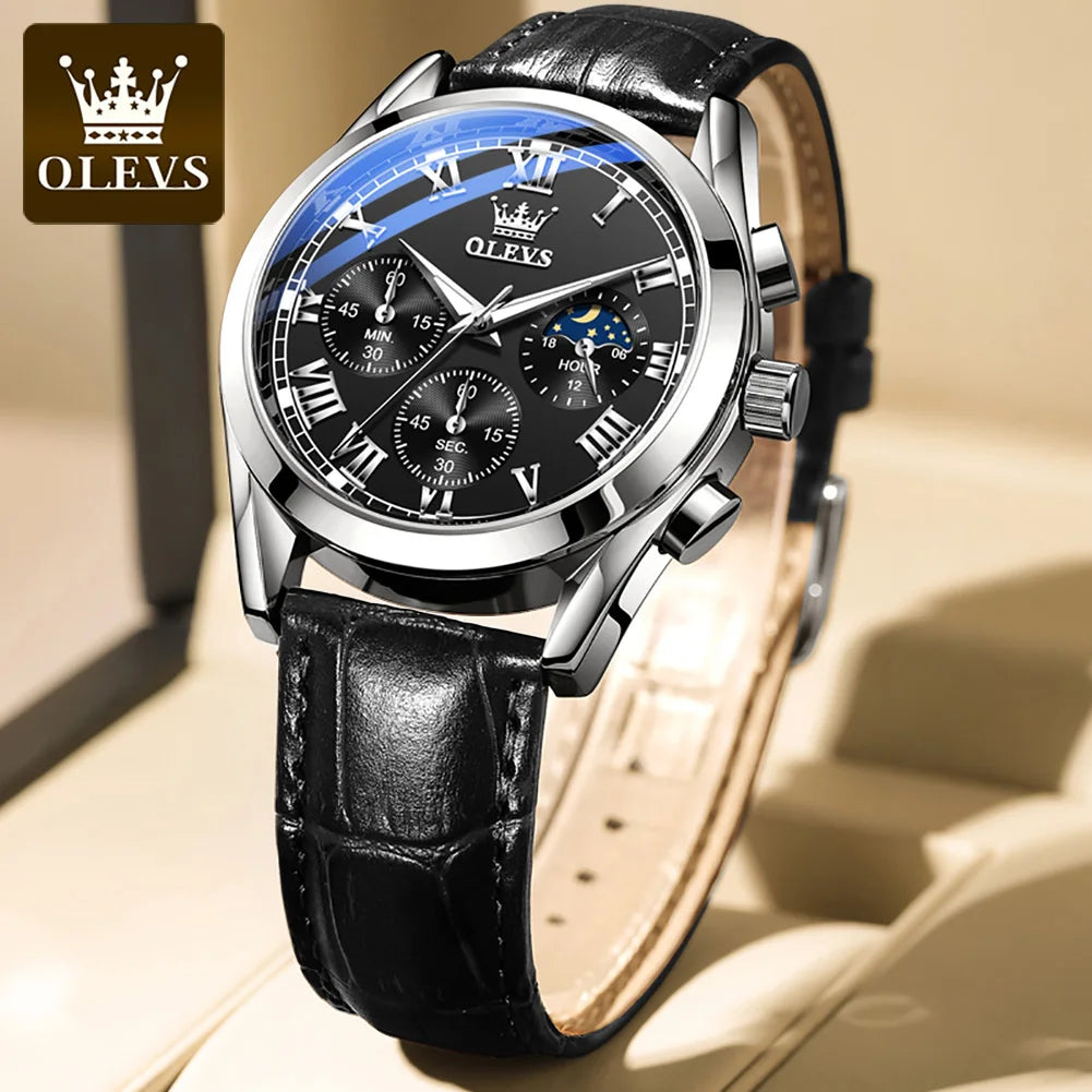 OLEVS 2871 reloj de cuarzo para hombre de la mejor marca, reloj de negocios noctilucente resistente al agua de lujo, correa de cuero, reloj de fase lunar, reloj Masculino