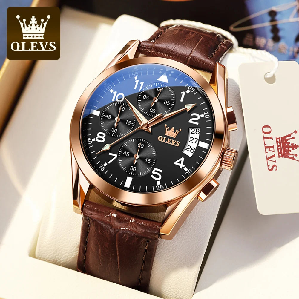 OLEVS reloj de cuarzo para hombre, correa de cuero Original, indicador de fecha, resistente al agua, luminoso, informal, de negocios, reloj de cuarzo para hombre, marca superior
