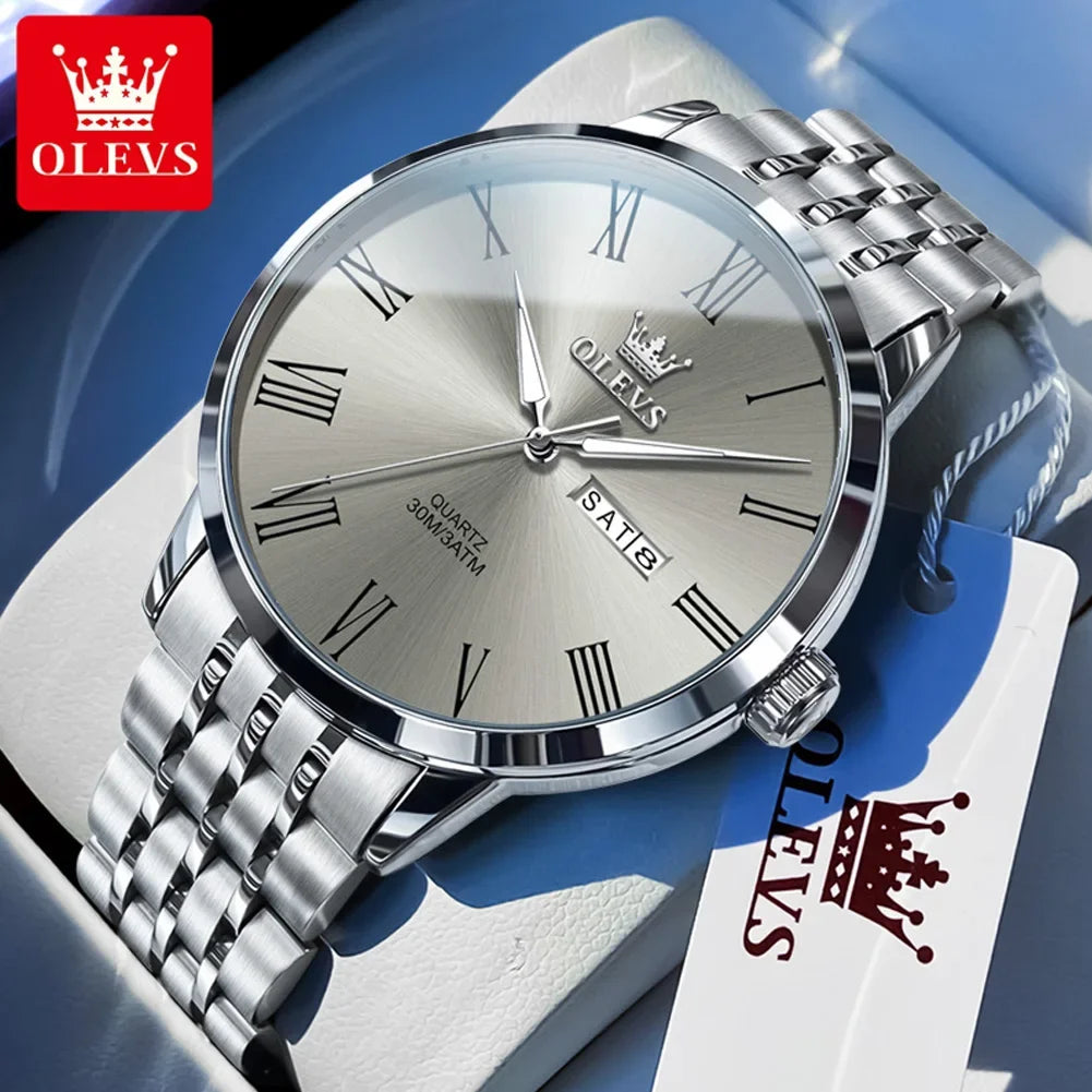 OLEVS, reloj minimalista de negocios de acero inoxidable para hombre, manecillas luminosas de lujo, calendario a escala romana, relojes de cuarzo resistentes al agua para hombre