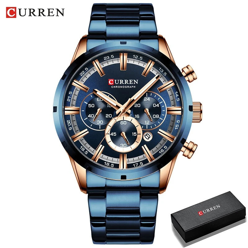 Reloj de pulsera CURREN de Cuero militar de lujo de la mejor marca, relojes deportivos informales para hombres, reloj de pulsera azul para hombre, reloj de pulsera cronógrafo de moda