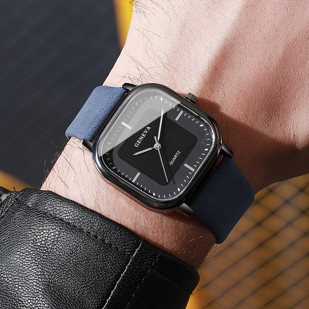 Fashion Square Dial Men's Watches Minimalist Quartz Watch Casual Leather Strap Wristwatch Reloj Hombre（Without Box）