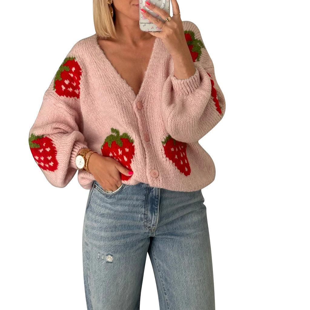 Maemukilabe-cárdigan de punto para mujer, chaqueta informal de manga larga con cierre de botón de fresa, suéter, abrigos de punto para mujer