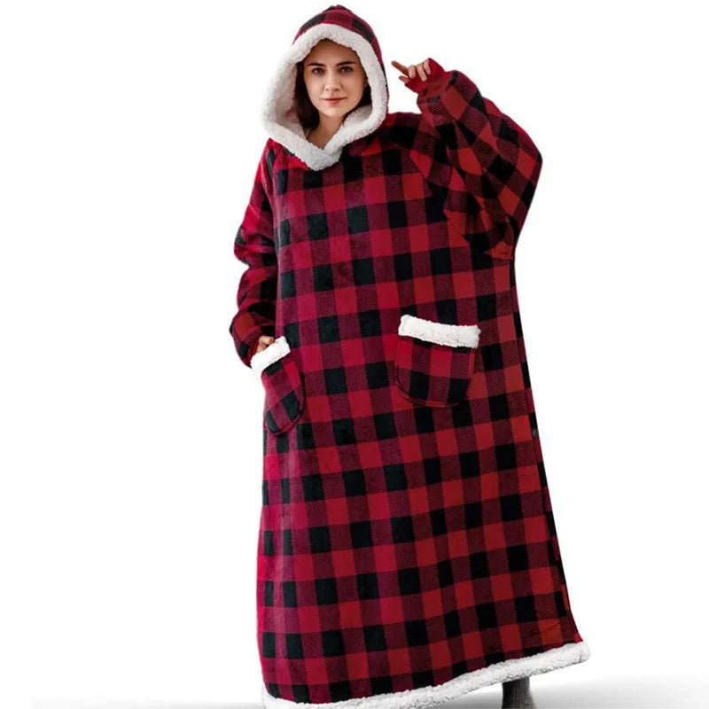 Sherpa Flannel Oversized Hoodie Blanket, Warm Winter Blanket with Sleeves, Hooded Sweatshirt, Oversized TV Blanket, Pullover