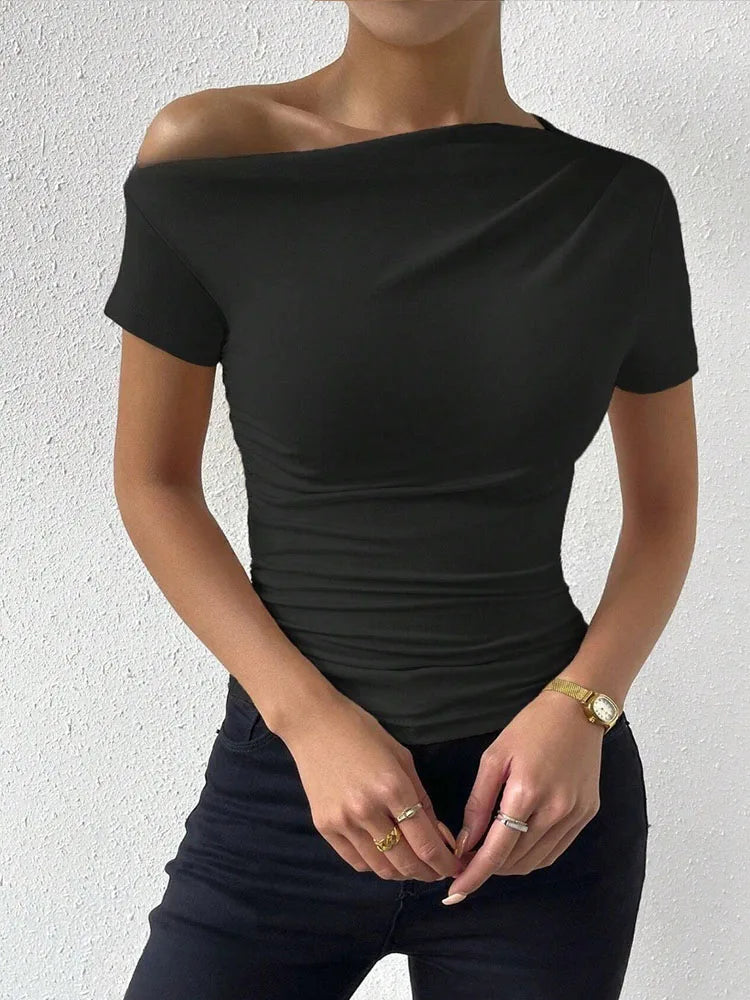 Women's One Shoulder Ruched Short Sleeve T-Shirt, Summer Fashion Casual Top, Solid Color Slim Fit T-Shirt, Streetwear 2024