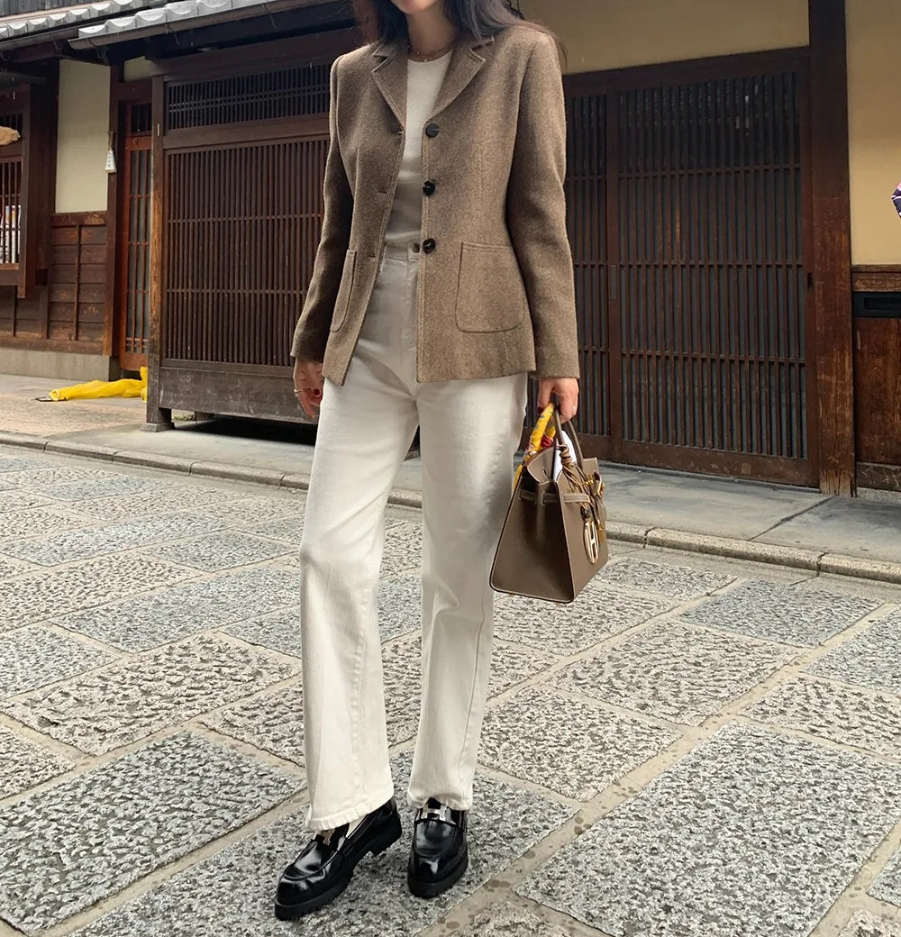Chaqueta de traje de lana elegante coreano para mujer Otoño e Invierno Slim Fit marrón viajero abrigo de lana de gama alta Blazers ropa de mujer