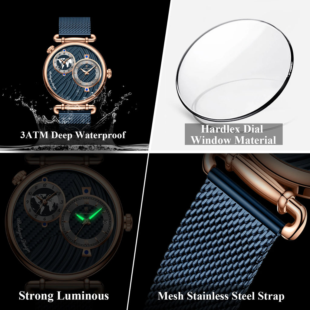 Reloj de hombre POEDAGAR de moda con doble zona horaria, resistente al agua, con fecha, deportivo, de malla de acero inoxidable, de cuarzo + caja.