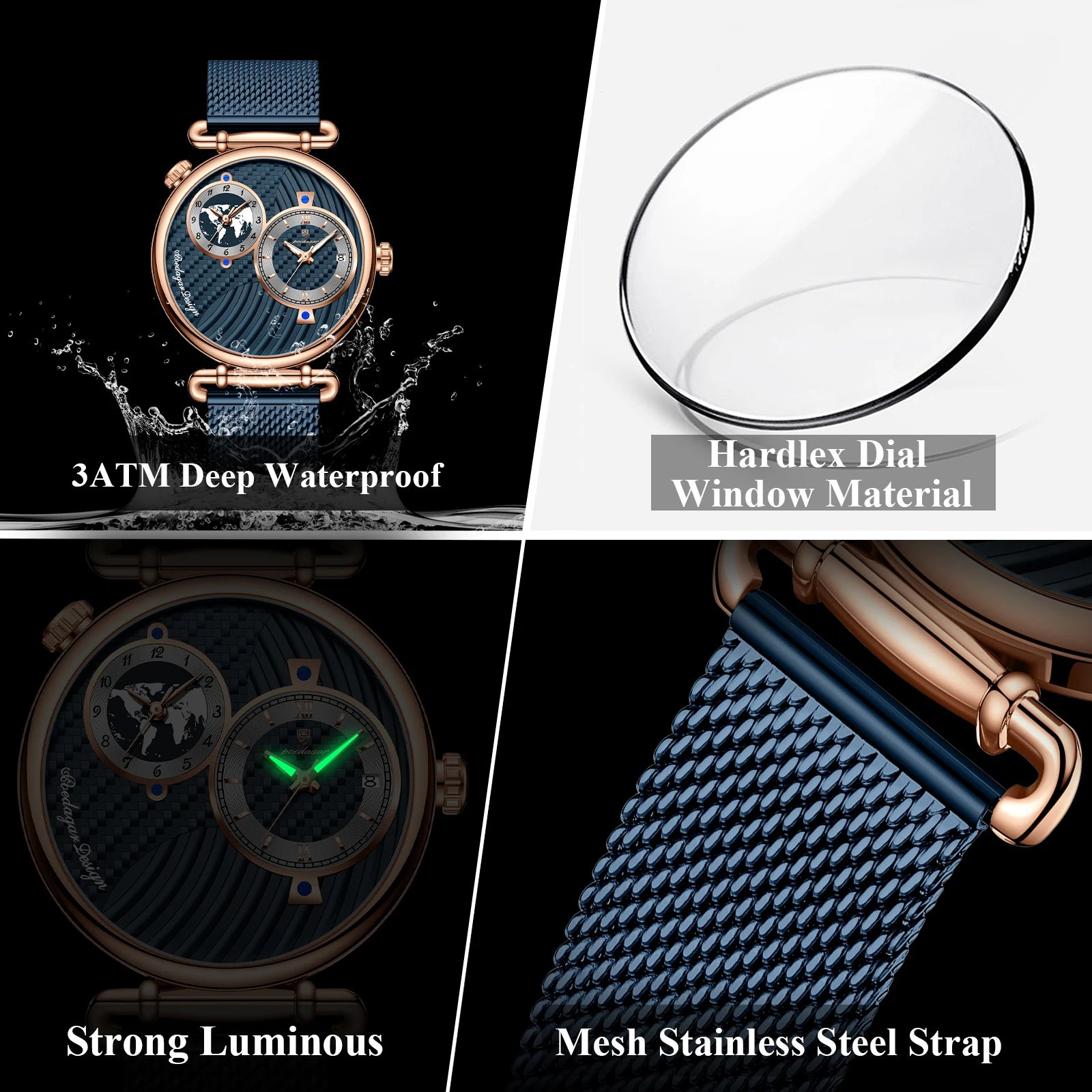 Reloj de hombre POEDAGAR de moda con doble zona horaria, resistente al agua, con fecha, deportivo, de malla de acero inoxidable, de cuarzo + caja.