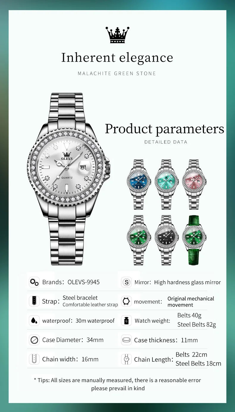 Reloj de cuarzo OLEVS Original con esfera de diamantes para mujer, relojes de moda para mujer, reloj de pulsera luminoso resistente al agua de acero inoxidable para mujer