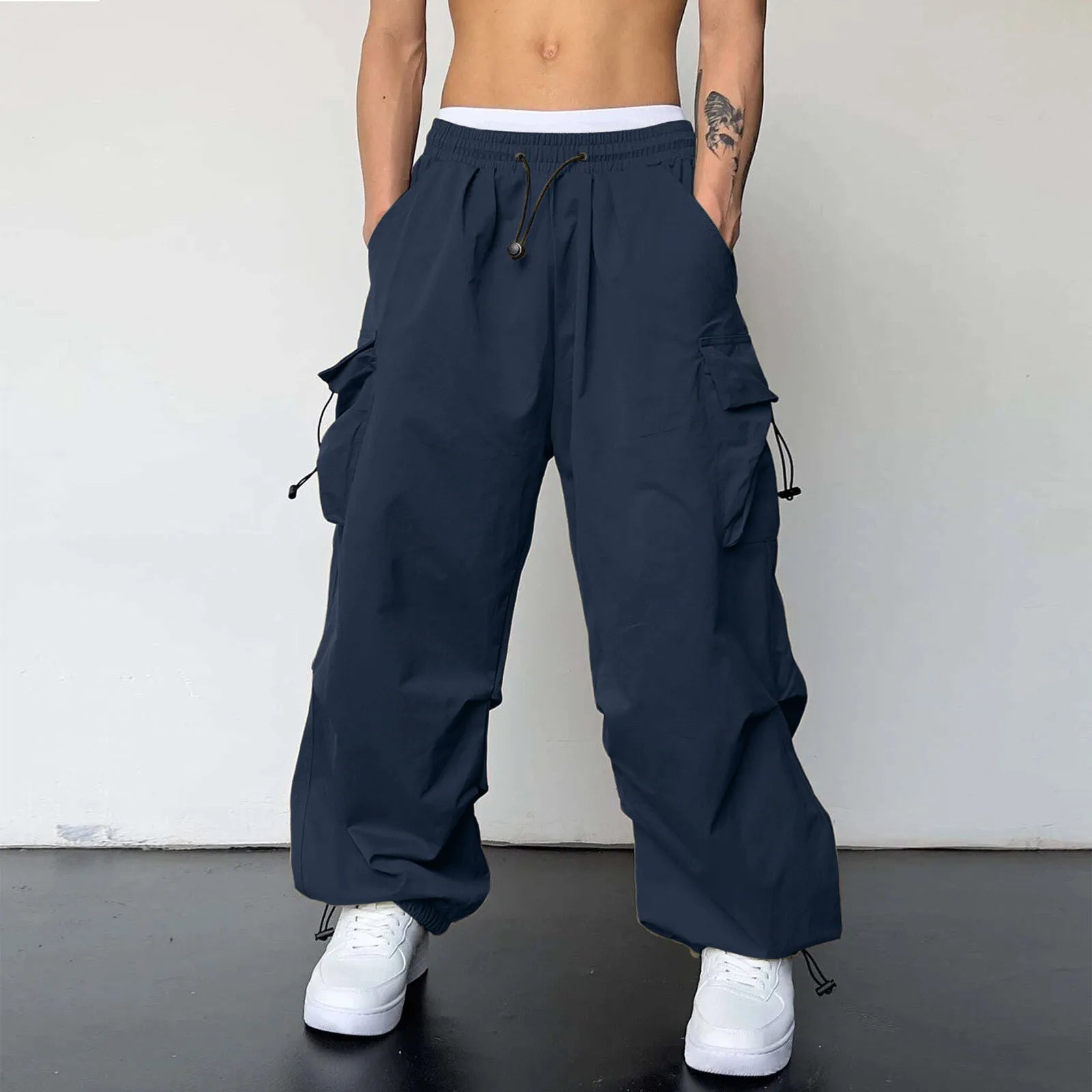 Pantalones Cargo deportivos informales para Hombre, ropa de calle con bolsillo tejido y cuerda para el pie, Pantalones sólidos, Pantalones holgados con múltiples bolsillos para Hombre