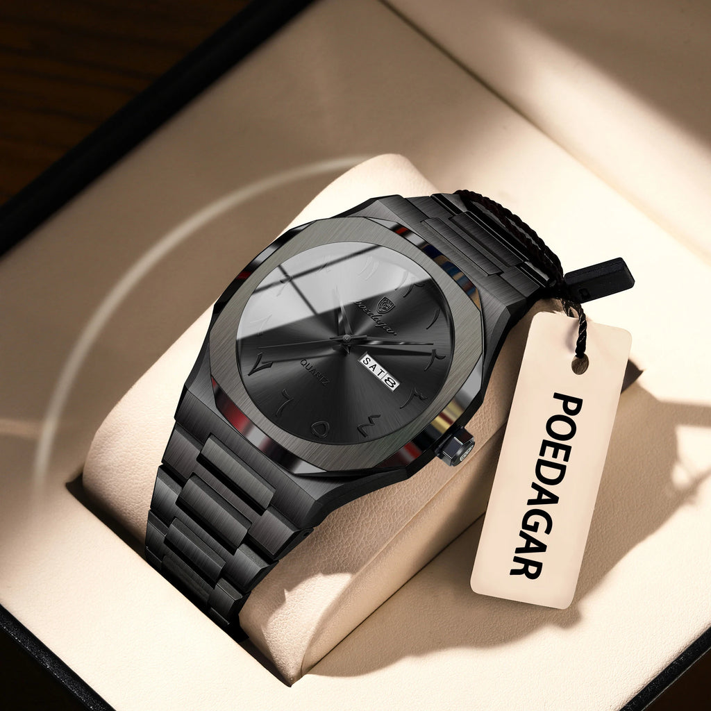 Reloj militar POEDAGAR para hombre, resistente al agua, calendario semanal de lujo, reloj de pulsera para hombre, relojes de cuarzo de acero inoxidable a la moda para hombre