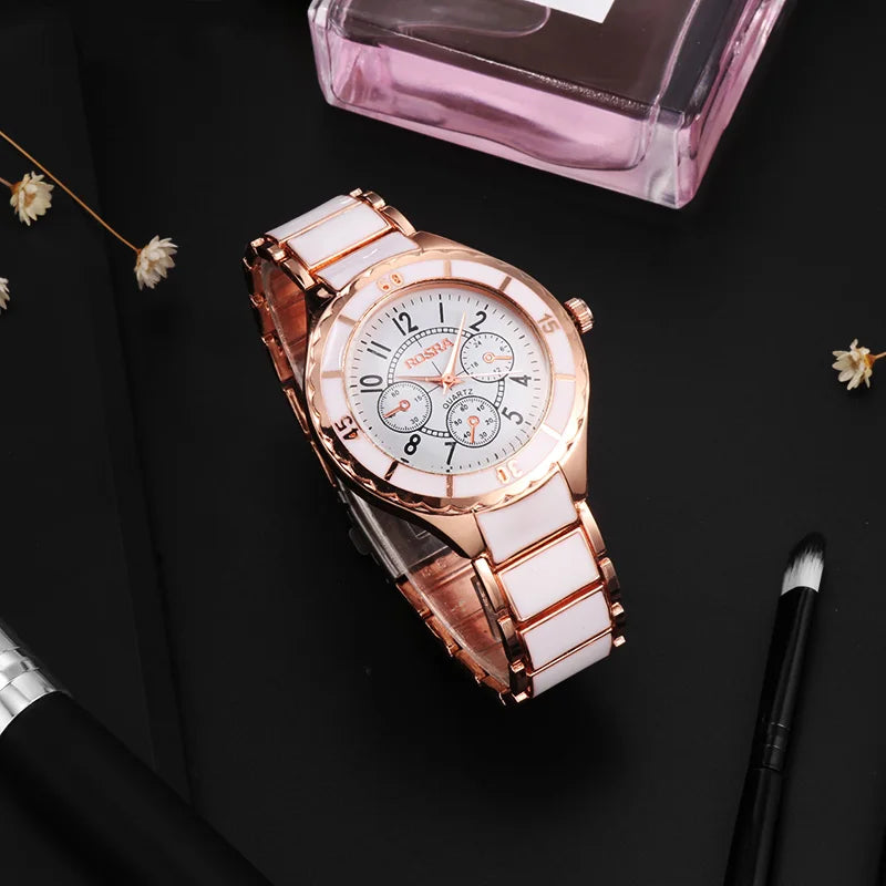 Reloj blanco de oro rosa para Mujer, Reloj clásico de acero y cerámica para Mujer, Reloj de pulsera para Mujer, Reloj femenino Saati