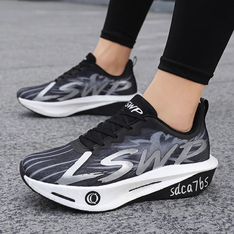 Lightweight and Breathable Unisex Running Shoes - Full Carbon Plate Technology, white/blue/orange color combination, low-cut mesh design, suitable for marathon, sprint, and u