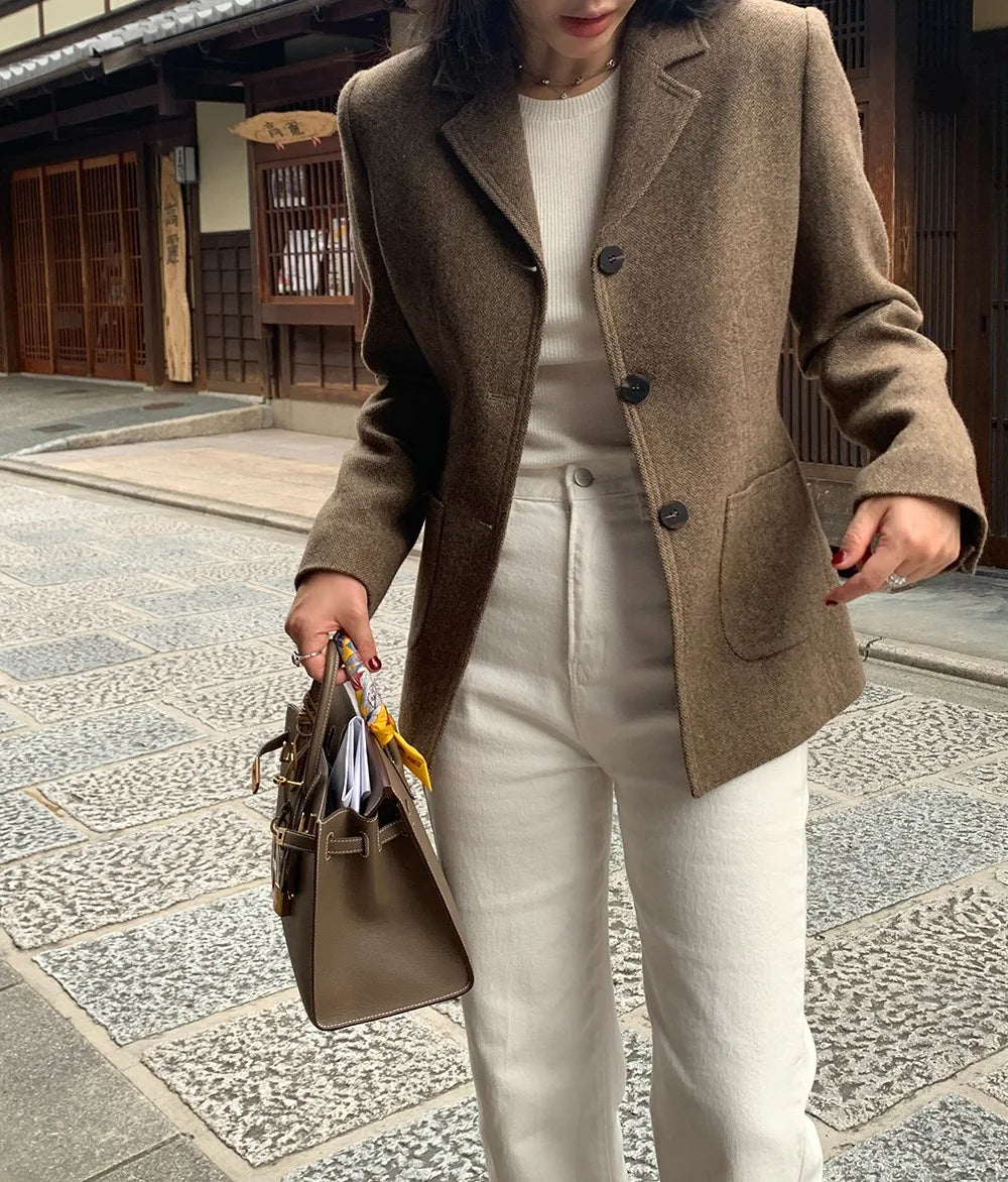 Chaqueta de traje de lana elegante coreano para mujer Otoño e Invierno Slim Fit marrón viajero abrigo de lana de gama alta Blazers ropa de mujer