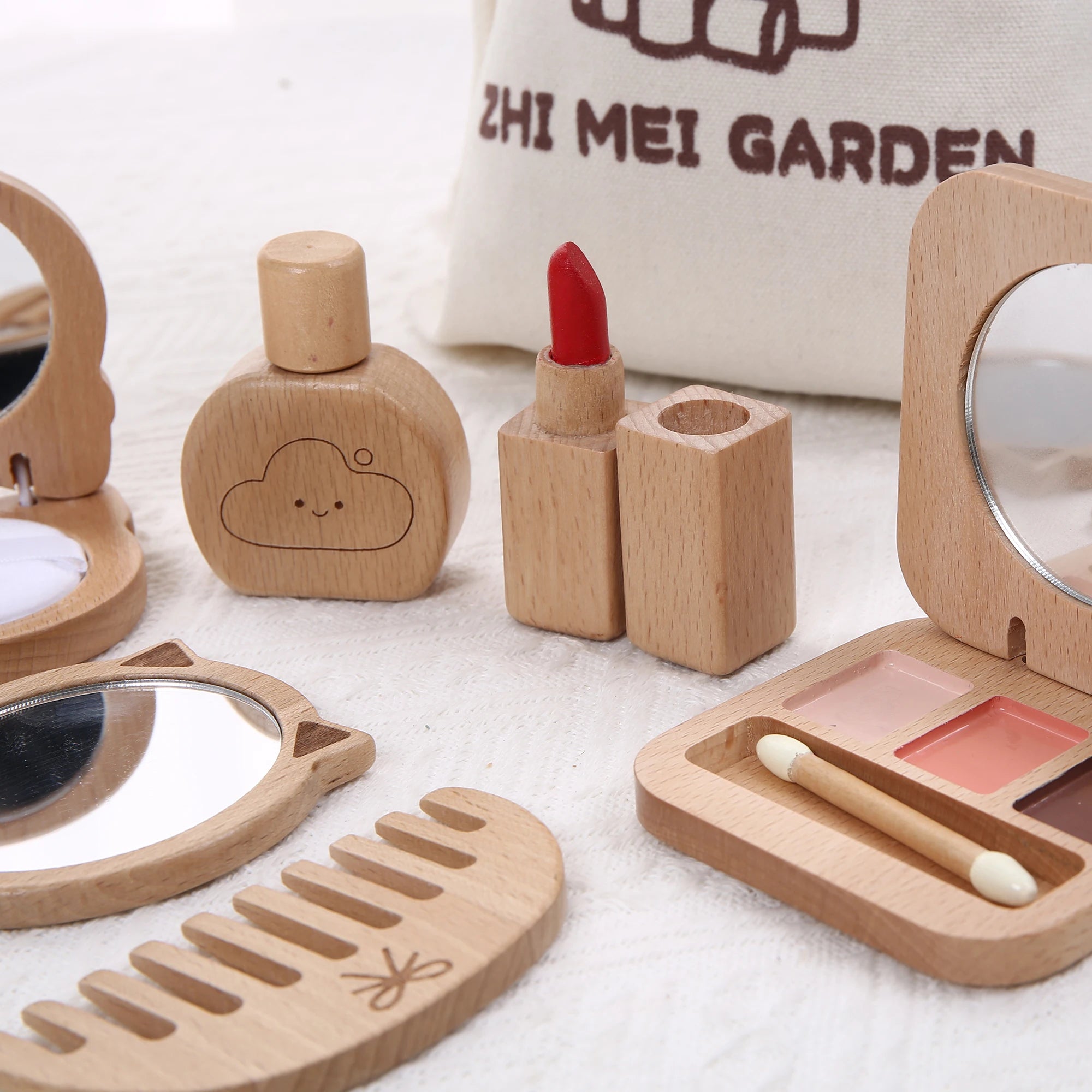 Juguete de Maquillaje de Imitación para Niñas, Set de Maquillaje de Madera para Jugar a Disfrazarse, Regalo con Bolsa de Maquillaje