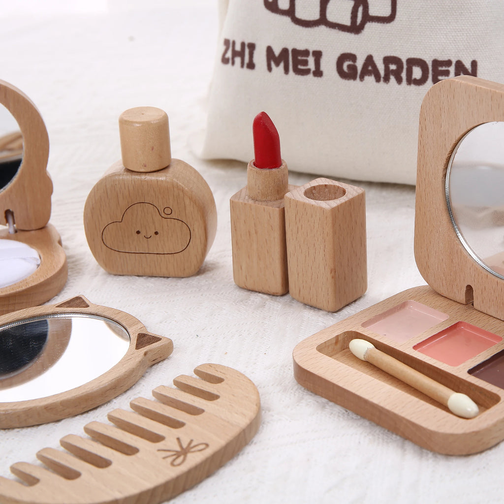 Juguete de Maquillaje de Imitación para Niñas, Set de Maquillaje de Madera para Jugar a Disfrazarse, Regalo con Bolsa de Maquillaje