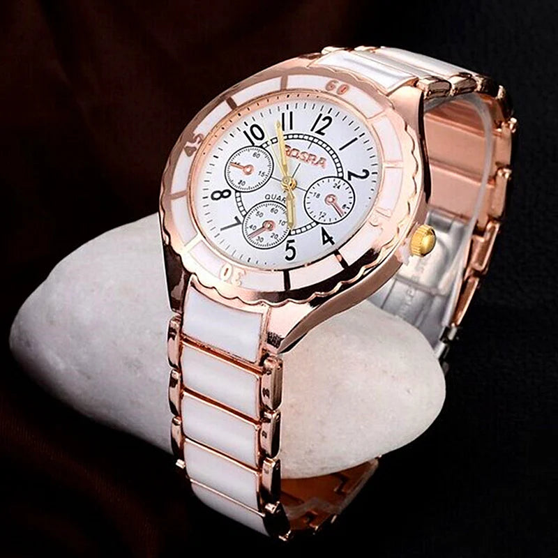 Reloj blanco de oro rosa para Mujer, Reloj clásico de acero y cerámica para Mujer, Reloj de pulsera para Mujer, Reloj femenino Saati