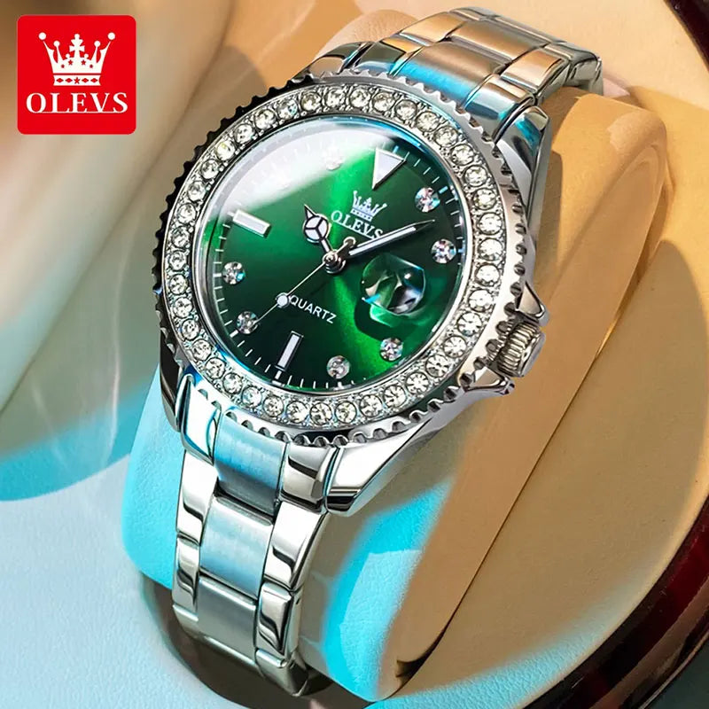 Reloj de cuarzo OLEVS Original con esfera de diamantes para mujer, relojes de moda para mujer, reloj de pulsera luminoso resistente al agua de acero inoxidable para mujer