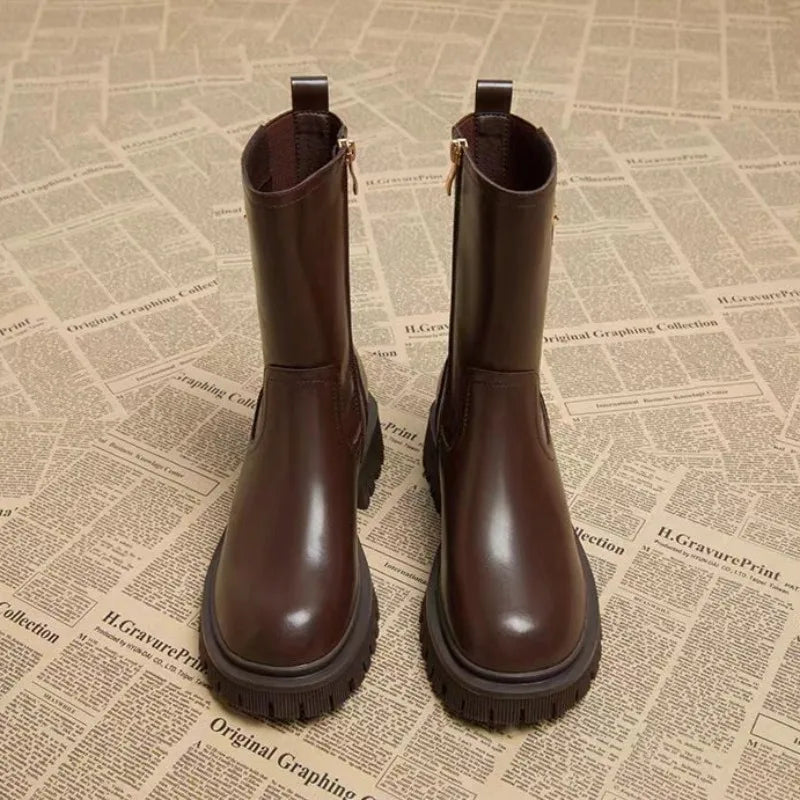 Botas medio altas para mujer, zapatos Chelsea con punta redonda a media pantorrilla para mujer, calzado marrón de tacón medio, oferta gótica de entretiempo para primavera y otoño