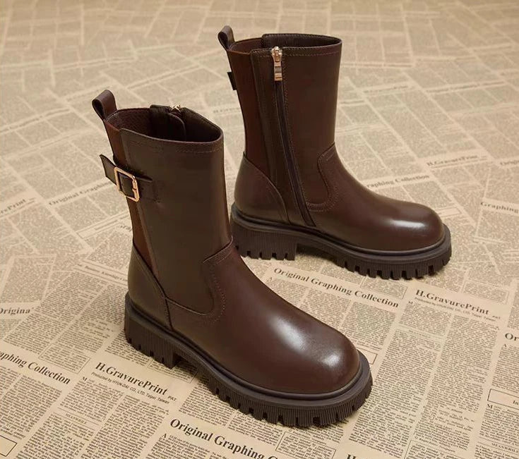 Botas medio altas para mujer, zapatos Chelsea con punta redonda a media pantorrilla para mujer, calzado marrón de tacón medio, oferta gótica de entretiempo para primavera y otoño