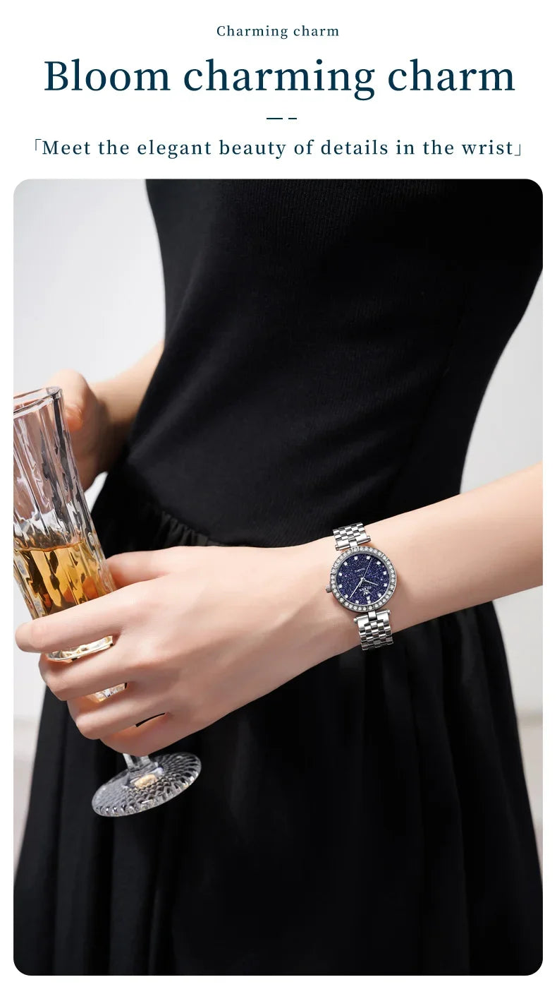 OLEVS 3641 Elegante reloj de cuarzo resistente al agua para mujer Esfera estrellada luminosa de acero inoxidable con caja de regalo - Accesorio de moda para mujer