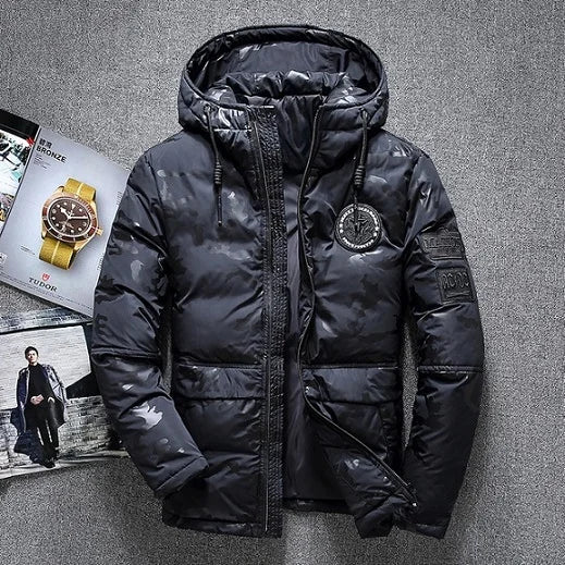 Parkas de invierno de alta calidad para hombre, cortavientos, Parkas de plumón de pato blanco, chaquetas cálidas gruesas con capucha de camuflaje para nieve, abrigo