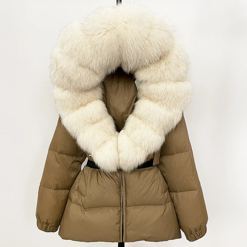 OFTBUY 2025 nueva ropa de invierno para mujer, abrigo de plumón de pato blanco, chaqueta con capucha de piel de zorro Natural, chaqueta acolchada cálida a la moda para mujer