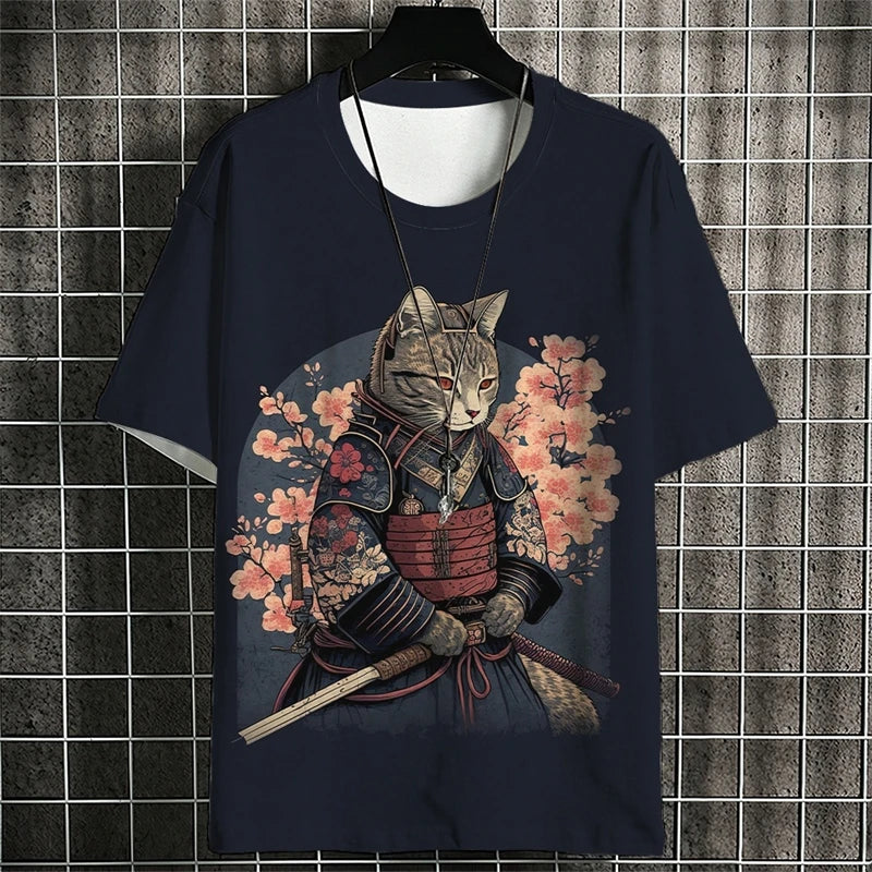 Camisetas con estampado de gato guerrero a la moda para hombre, camisetas con estampado de gato 3D y cuello redondo para verano, ropa informal de moda, camisetas Harajuku