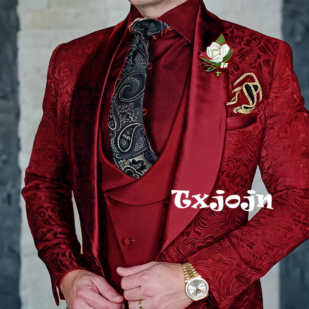 Exquisitos trajes de jacquard de 3 piezas para hombre, conjuntos de novio de boda, bonito conjunto de traje con solapa y chal, ropa de baile, esmoquin Formal para negocios