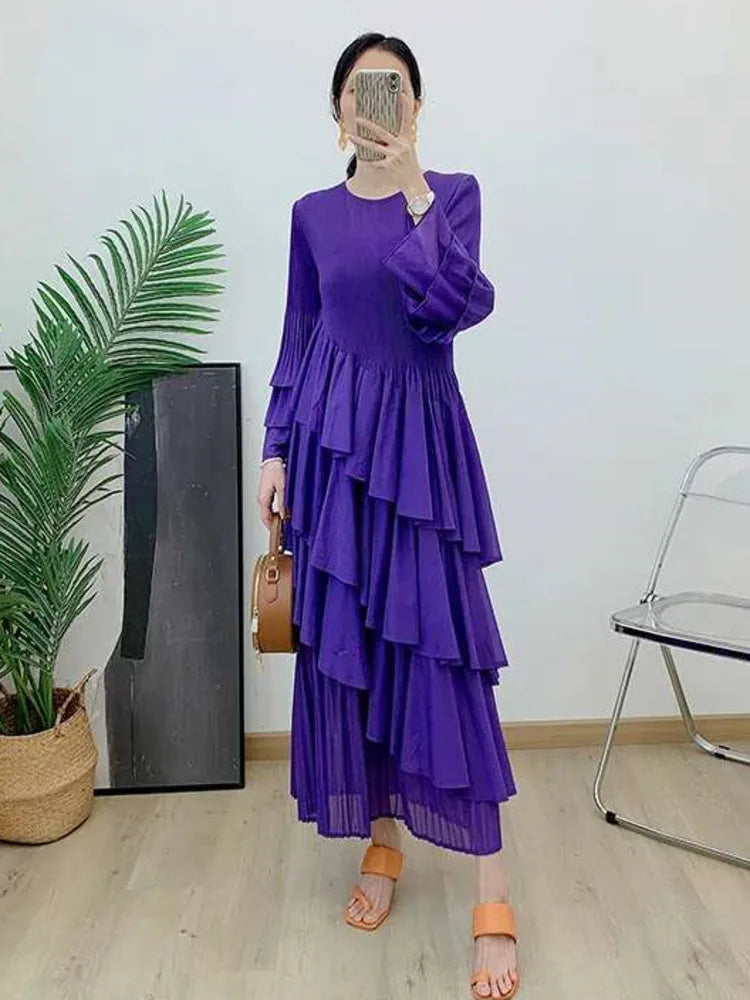 GVUW, vestido plisado para mujer, manga acampanada completa, línea A, volantes empalmados, cuello redondo, fiesta de noche, ropa elegante para mujer 17G4475