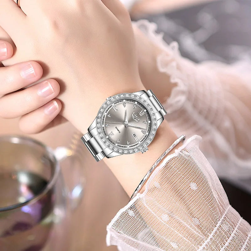 Reloj LIGE elegante para mujer, reloj resistente al agua a la moda, reloj luminoso de cuarzo de negocios de acero inoxidable para mujer, reloj de mujer + caja