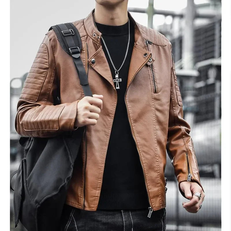 Chaqueta ajustada de marca para Hombre, abrigo de cuero negro a prueba de viento, Color sólido, moda de motocicleta, Invierno