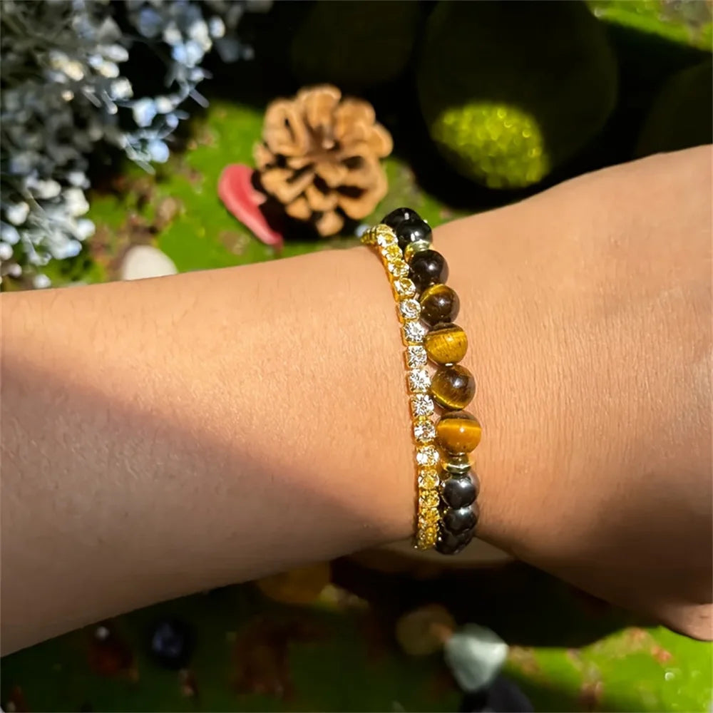 Nueva pulsera para atraer riqueza y prosperidad con piedra de ojo de tigre y lapislázuli, cuentas de madera Natural, pulsera hecha a mano para hombres y mujeres