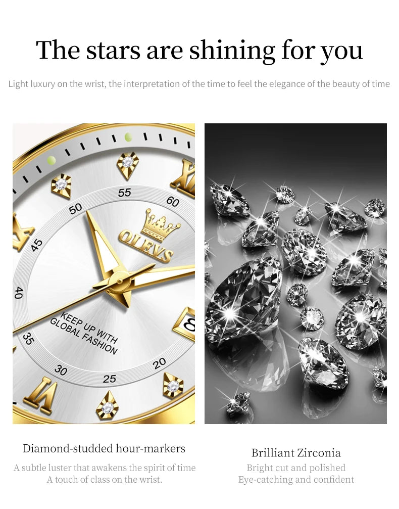 OLEVS, reloj de cuarzo Original superior para parejas, reloj de lujo con esfera de diamante a escala romana para hombres y mujeres, reloj de mano resistente al agua con correa de rombos