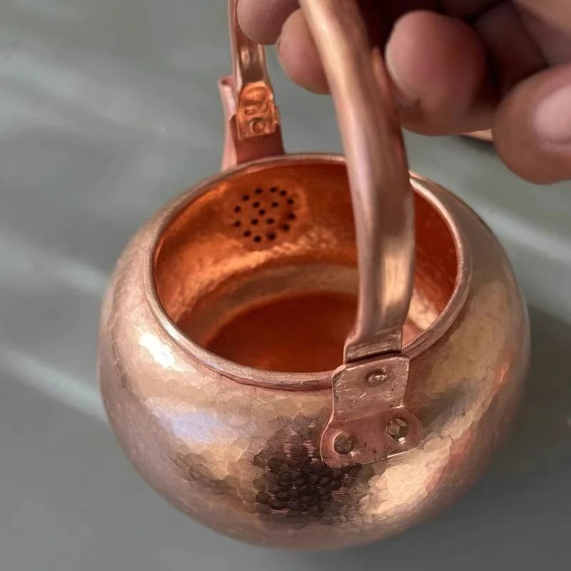 Cafetera de cobre Vintage, textura de martillo hecha a mano para acampar con tapa, hervidor portátil, tetera con filtro grueso resistente al calor